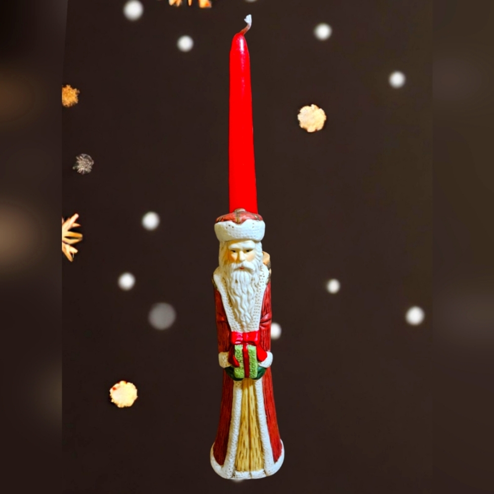 Vintage Pencil Santa Candle Holder Share the Joy Old World Folk Art Taper 8.5"